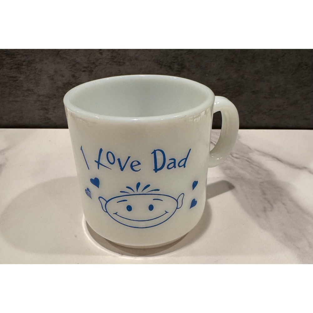 Vintage Milk Glass I Love Dad Coffee Mug Blue Graphic White Opaque D-Handle